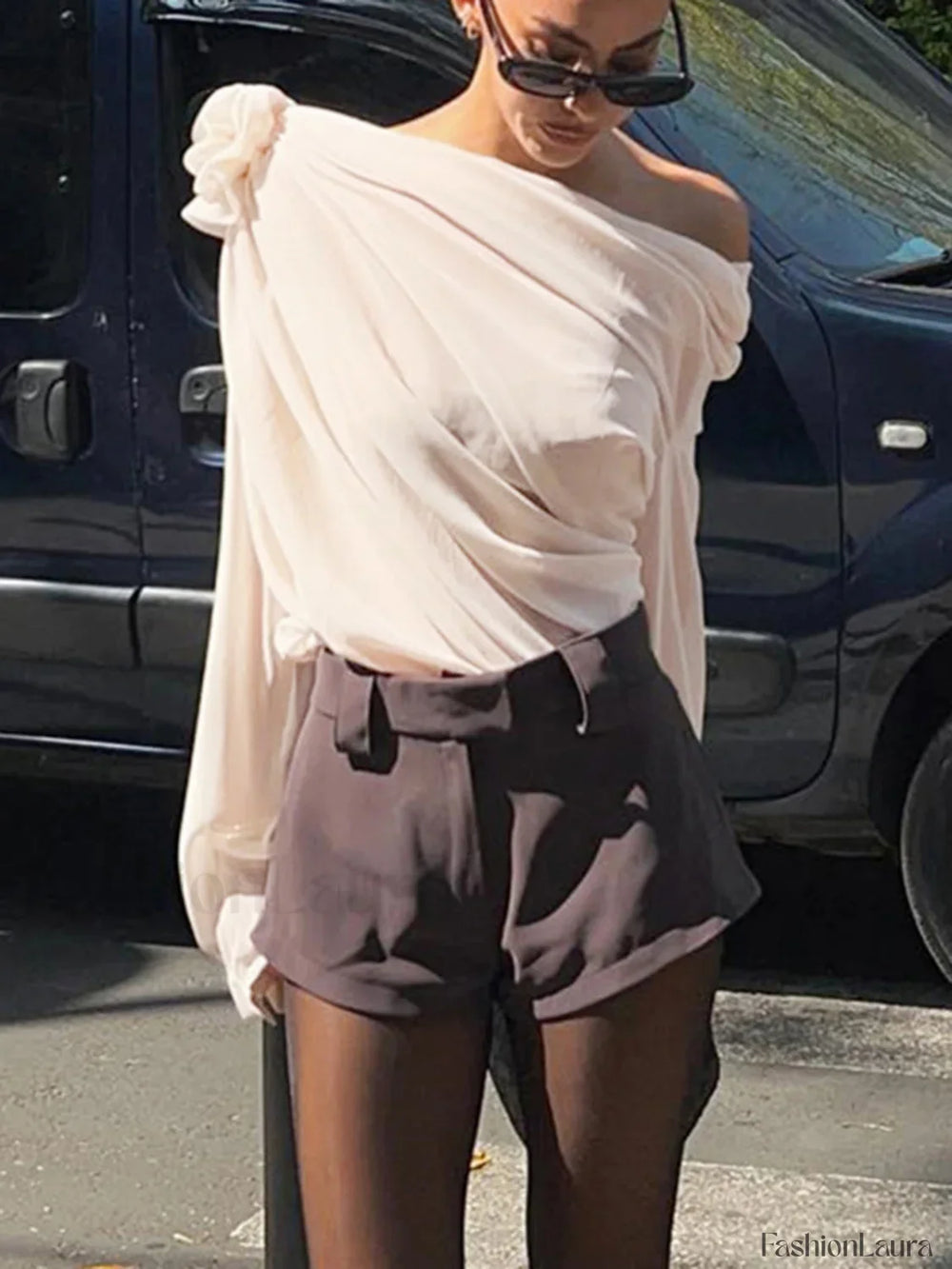 Chiffon Semi sheer One Trendy Shoulder Asymmetrical Top Shirts