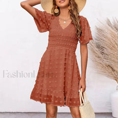 Chiffon Smocked Fur Ball Point Short Sleeve Holiday Beach A line 2024 Summer Female Sun Mini Dress