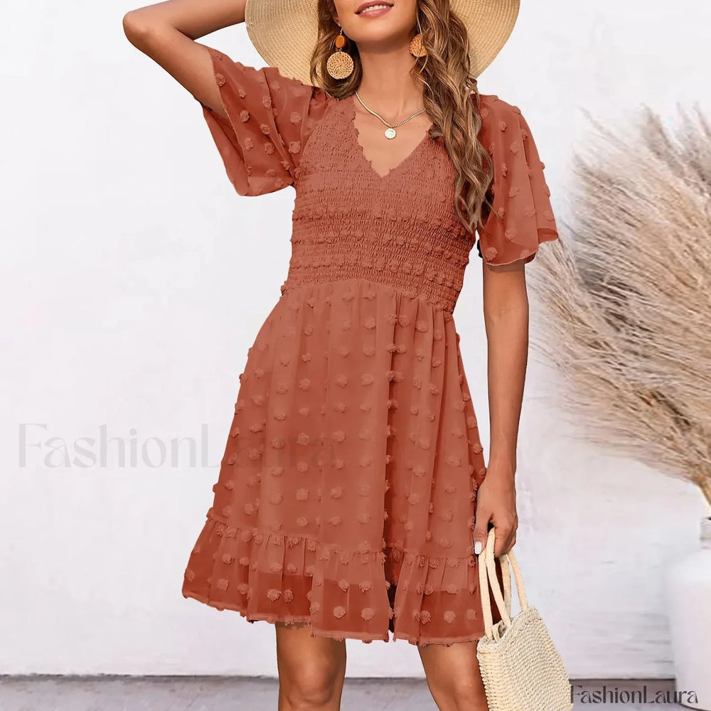 Chiffon Smocked Fur Ball Point Short Sleeve Holiday Beach A line 2024 Summer Female Sun Mini Dress