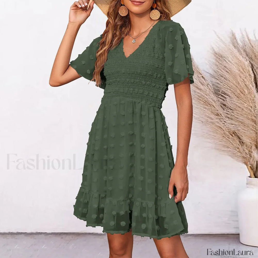 Chiffon Smocked Fur Ball Point Short Sleeve Holiday Beach A line 2024 Summer Female Sun Mini Dress Dark Green / S