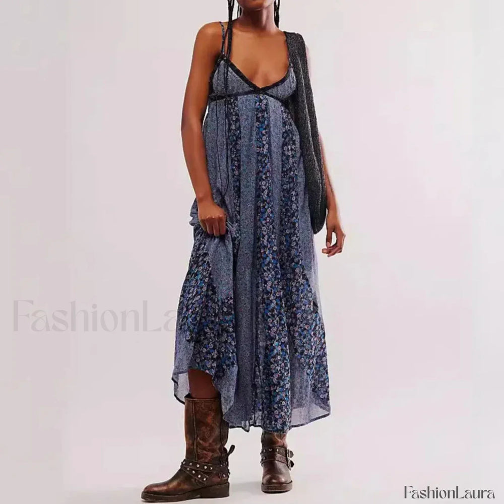Chiffon Strap Backless Boho Dress Blue / S