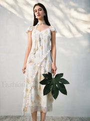 Chiffon Strappy Fly Floral Dress Yellow fly sleeve / XXS