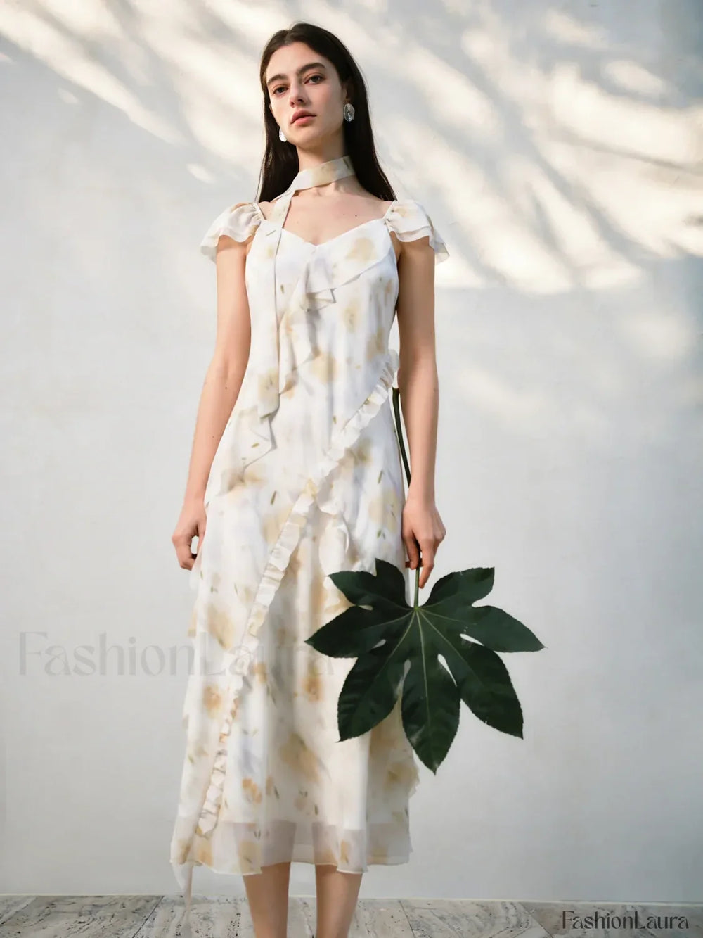 Chiffon Strappy Fly Floral Dress Yellow fly sleeve / XXS