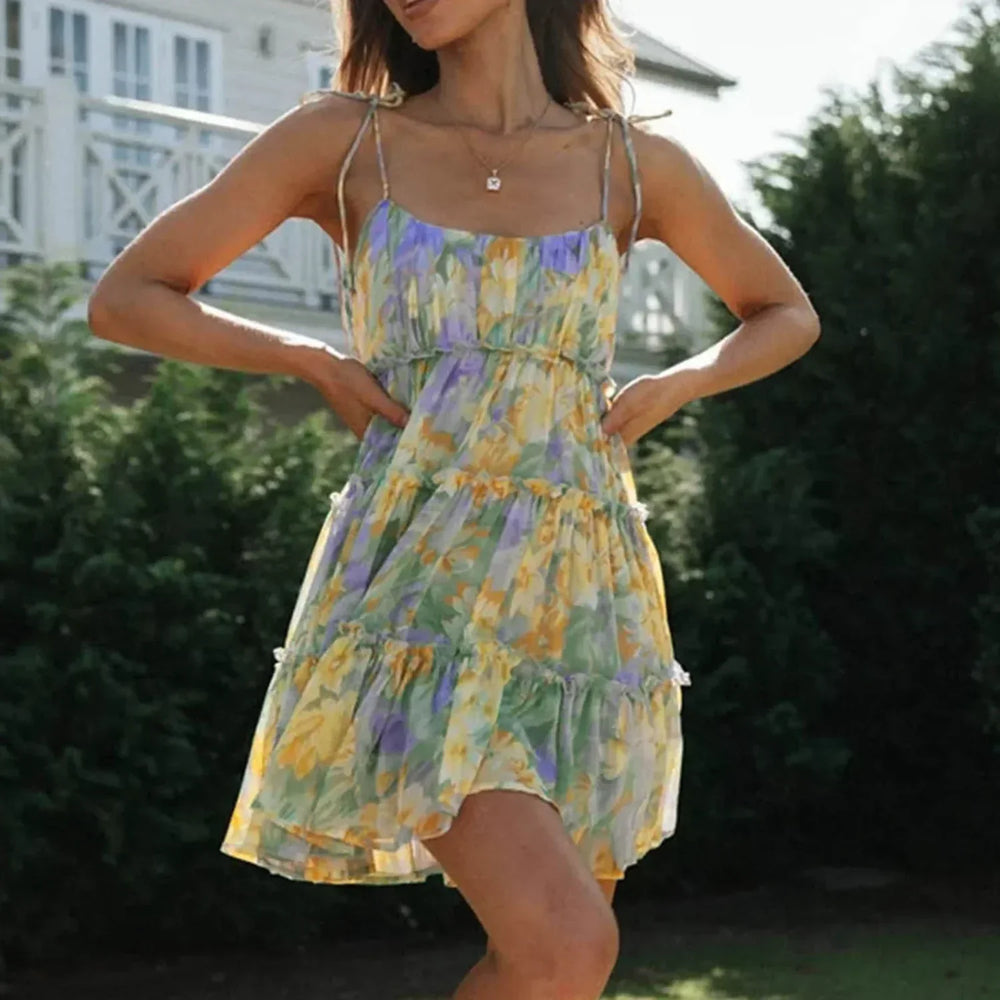 Chiffon Strappy Ruffled Floral Dress