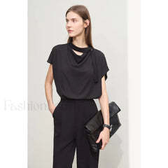 Chiffon Tie Neck Blouse T Shirt Black / S