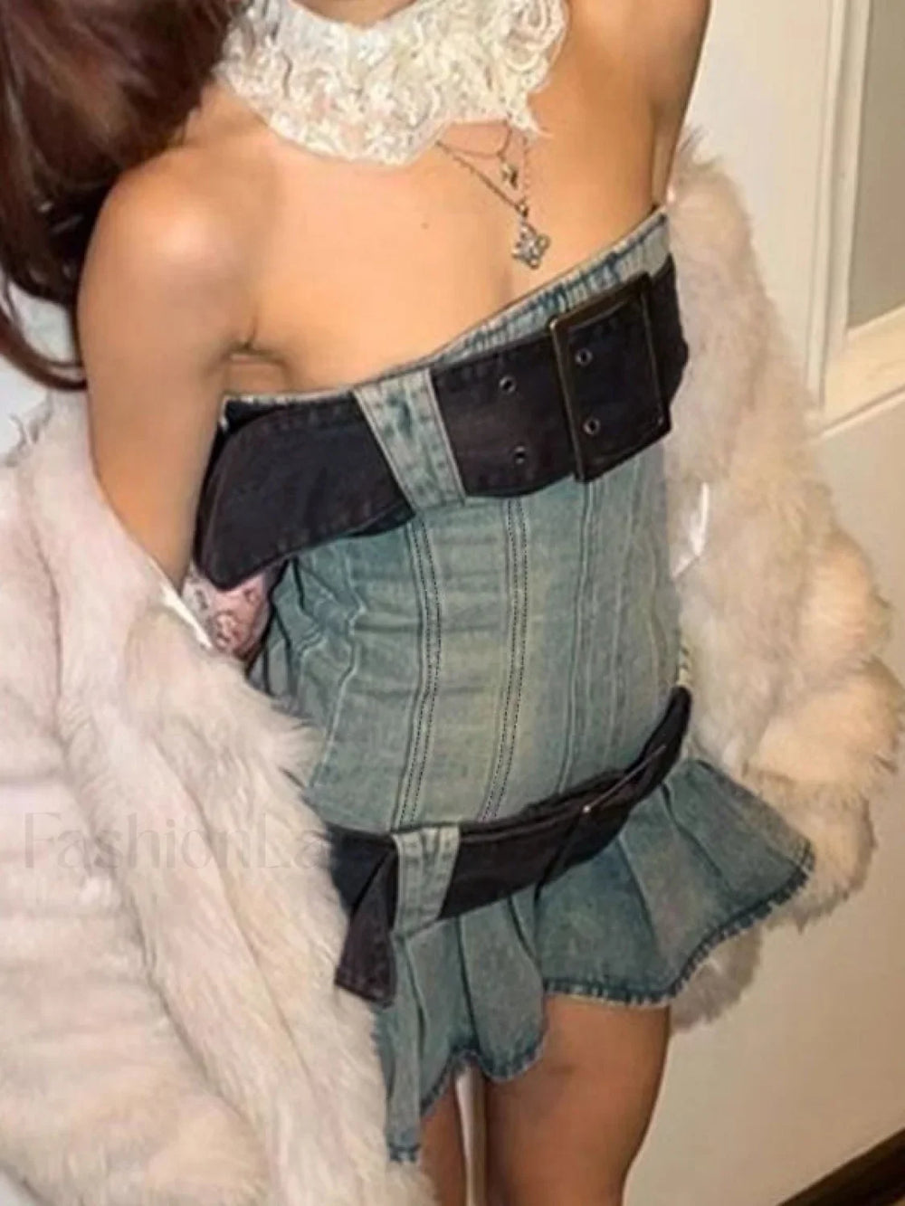 Chunky Belted Strapless Denim Mini Dress Mini Dresses