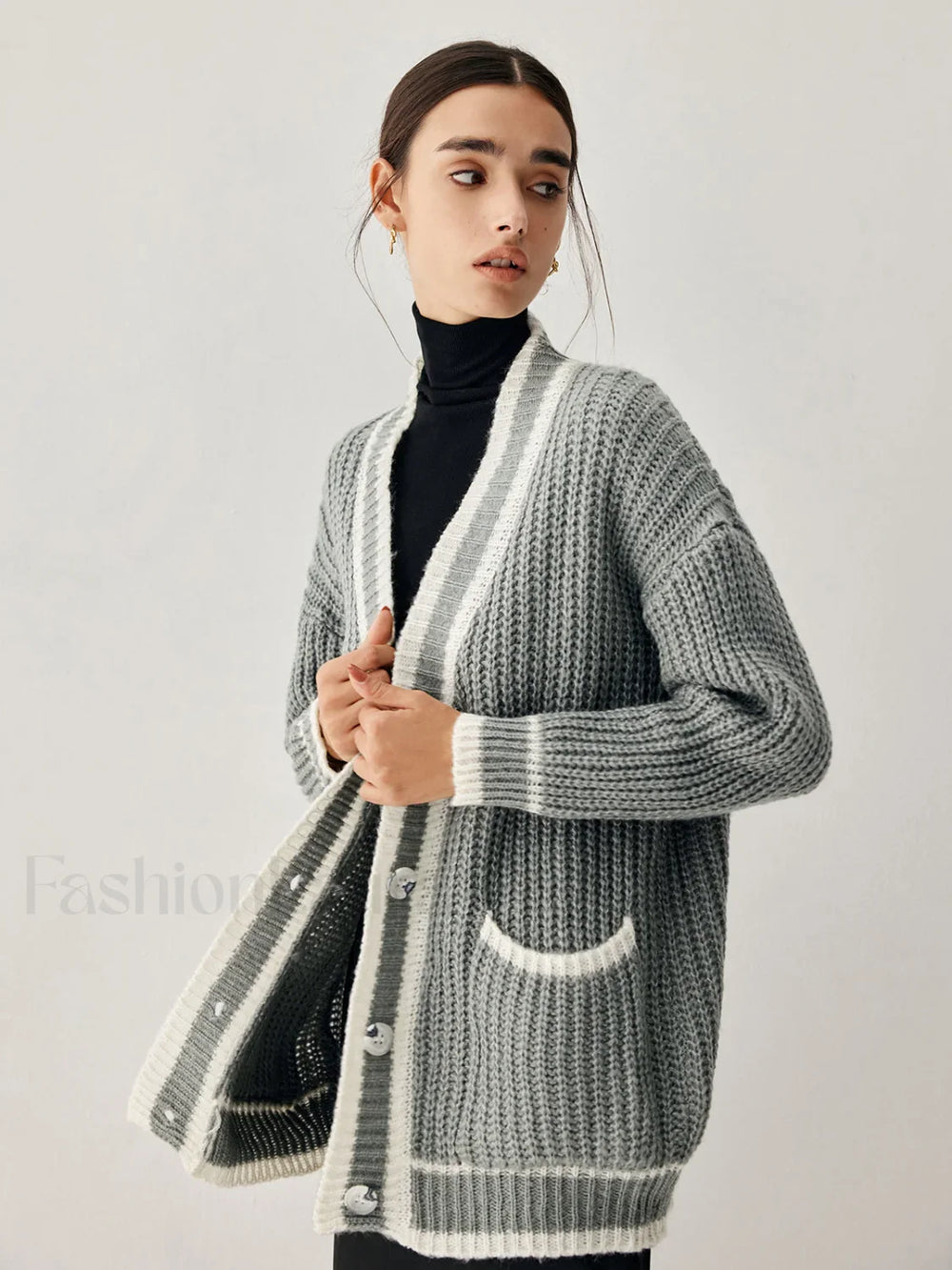 Chunky Knit Double Trendy Pockets Slouchy Cardigan Grey / S Sweaters L