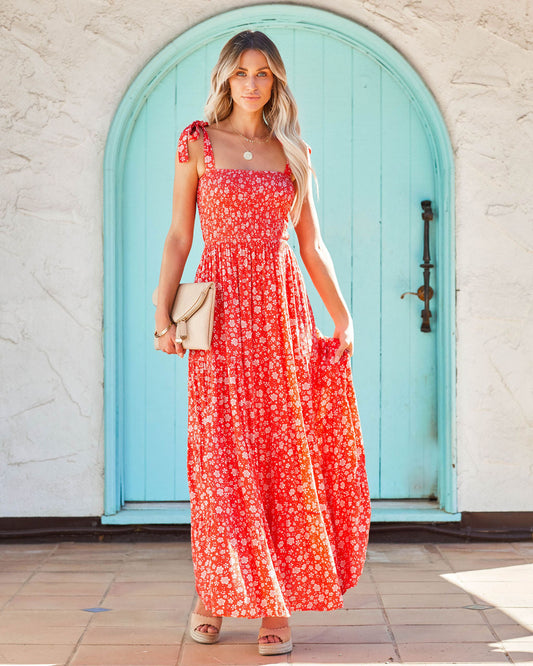 Claira Floral Tie Strap Maxi Dress - Orange
