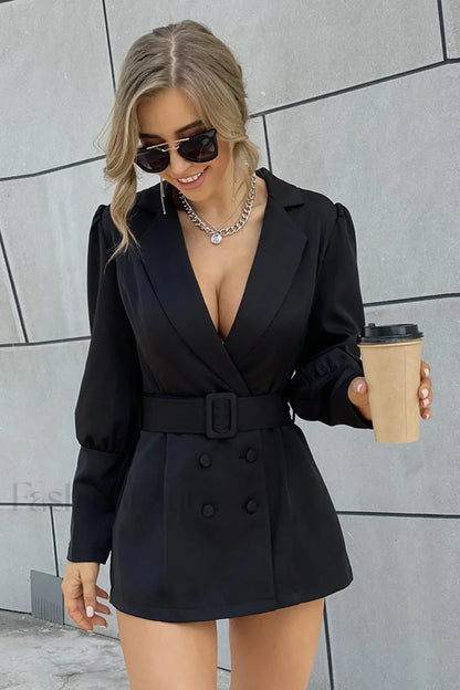 Collared Button Front Waist Cinched Blazer Work Dress