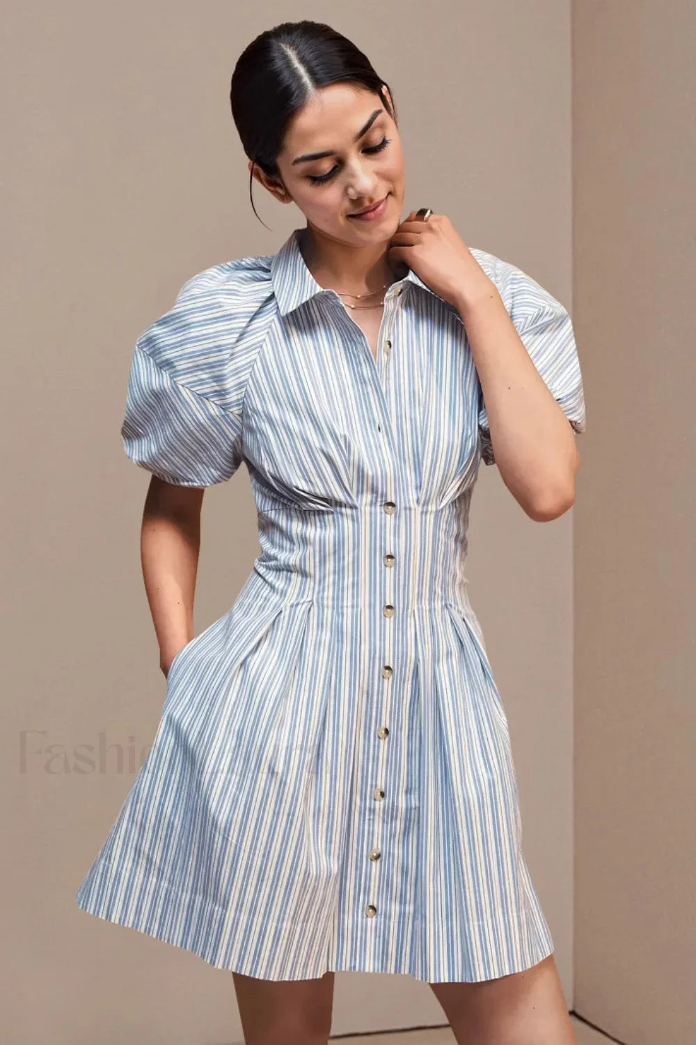 Collared Striped Shirt Button Front Work Skirt Azure / S