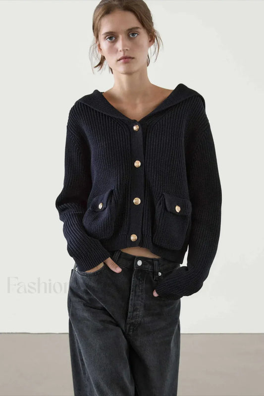 College Style Navy Collar Knit Cardigan
