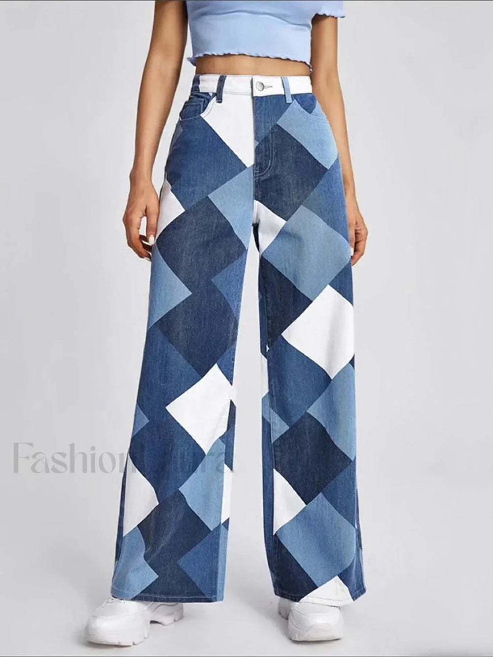 Color Block Argyle Print Wide Leg Jeans Jeans