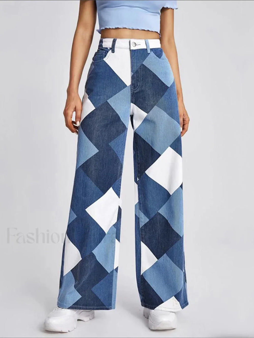 Color Block Argyle Print Wide Leg Jeans Jeans