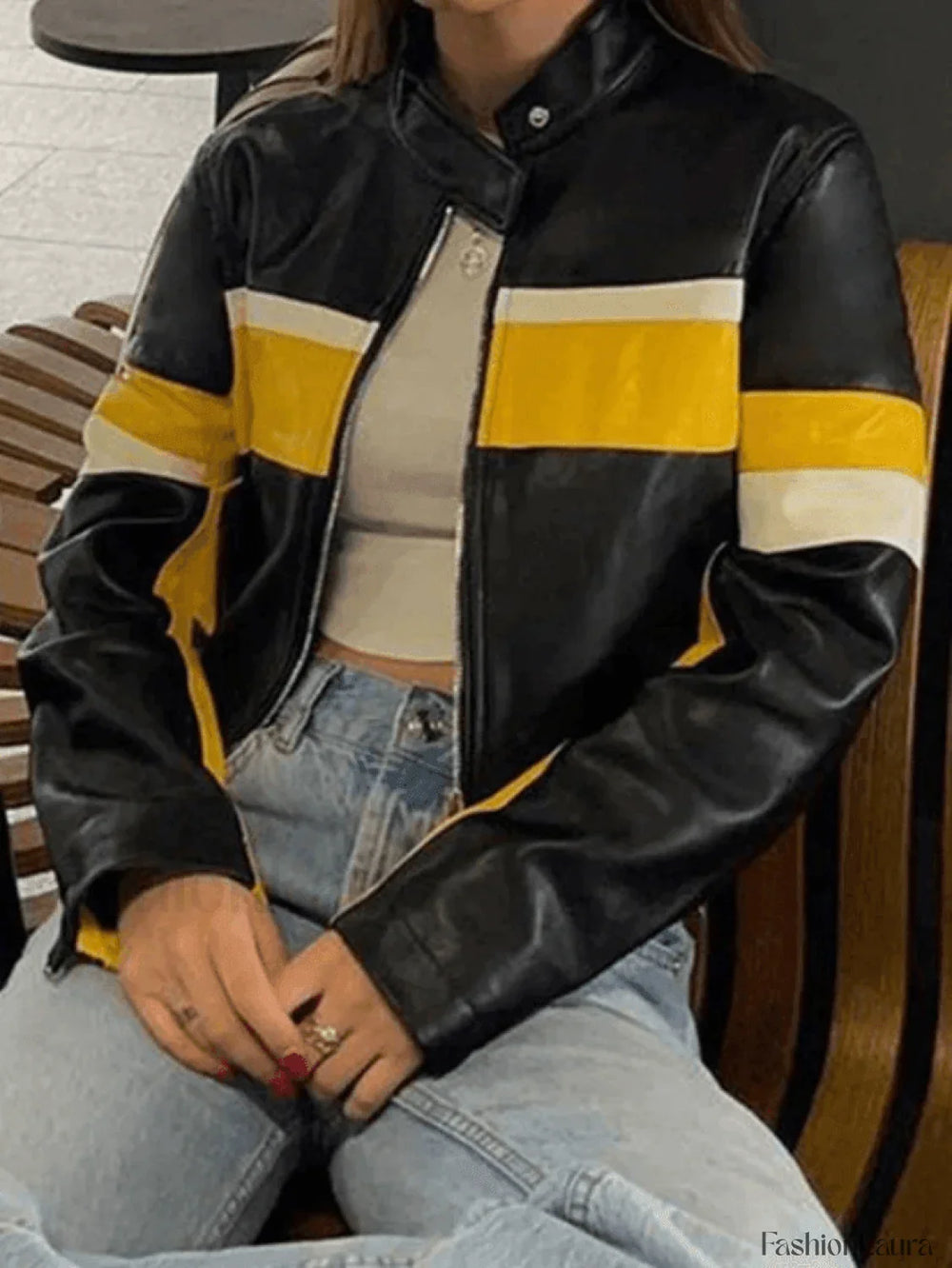 Color Block Cropped Pu Moto Jacket Jackets