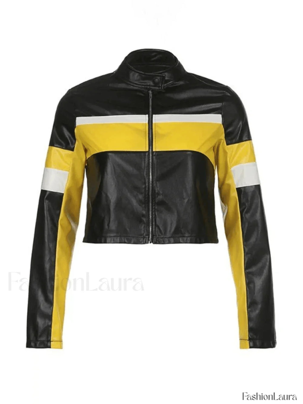 Color Block Cropped Pu Moto Jacket Jackets
