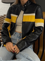 Color Block Cropped Pu Moto Jacket Jackets
