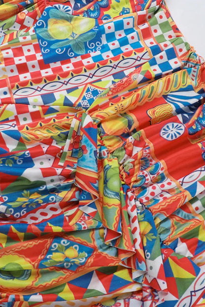 Color Block Neck Split Party Style Floral Dress