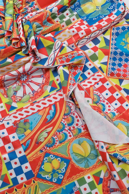 Color Block Neck Split Party Style Floral Dress