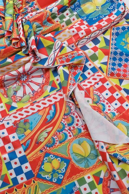 Color Block Neck Split Party Style Floral Dress