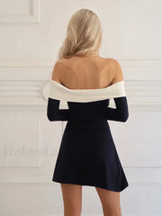 Color Block Off Shoulder Long Sleeve Short Dress Dresses
