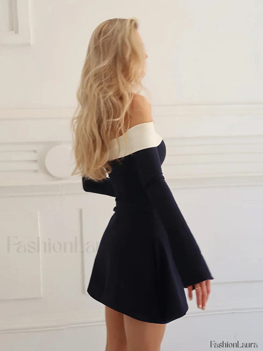 Color Block Off Shoulder Long Sleeve Short Dress Dresses