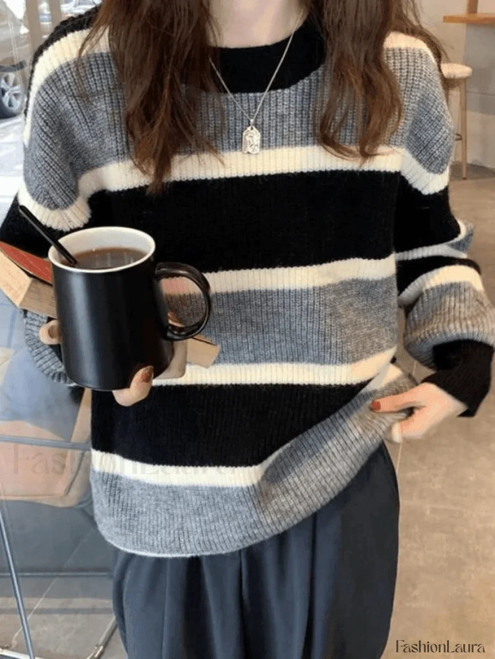 Color Block Striped Knit Sweater Gray / ONE SIZE Sweaters