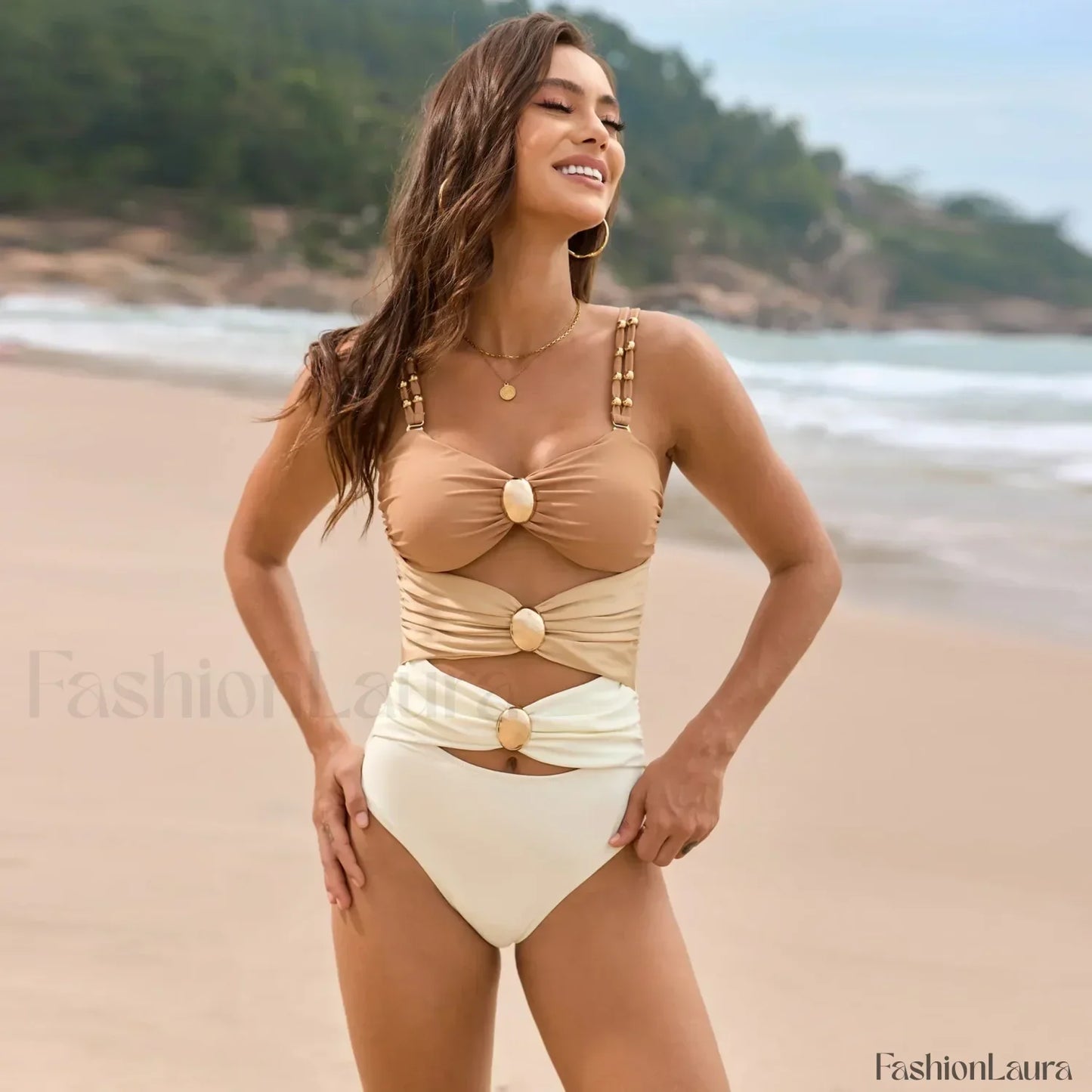 Color Splicing Bikini Style One Piece Beige / S