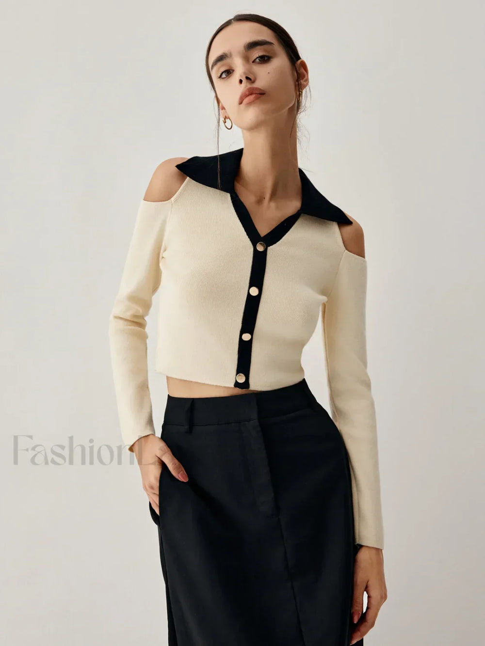 Colorblock Open Collar Cutout Modern Crop Long Sleeve Top Sweaters L