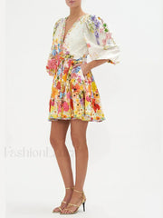 Colorblock Puff Sleeve Floral Dress