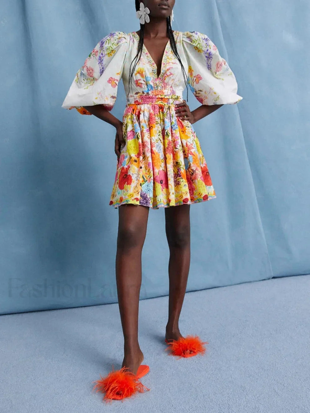 Colorblock Puff Sleeve Floral Dress