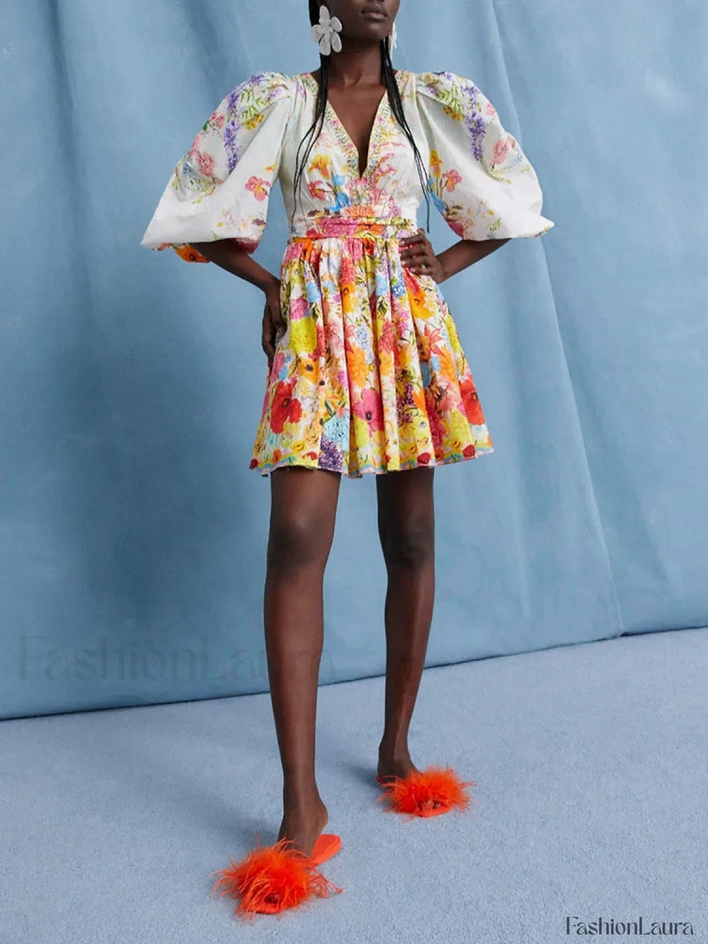 Colorblock Puff Sleeve Floral Dress