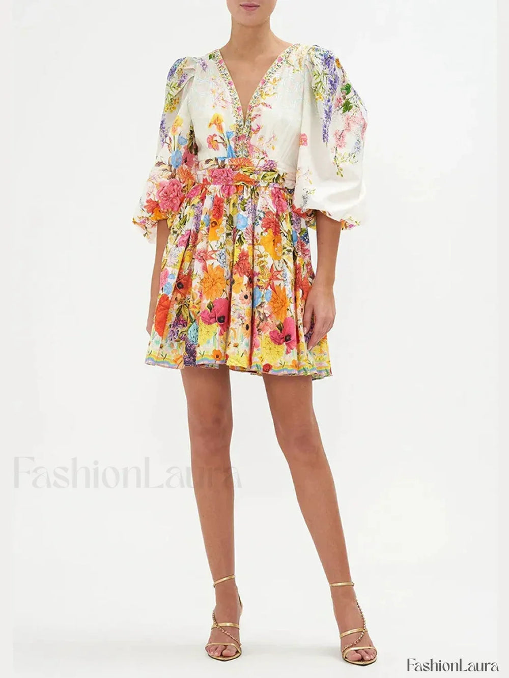 Colorblock Puff Sleeve Floral Dress PRINT / S