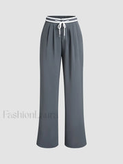 Contrast Binding Drawstring Trendy Straight Leg Pants Grey / XS Pants