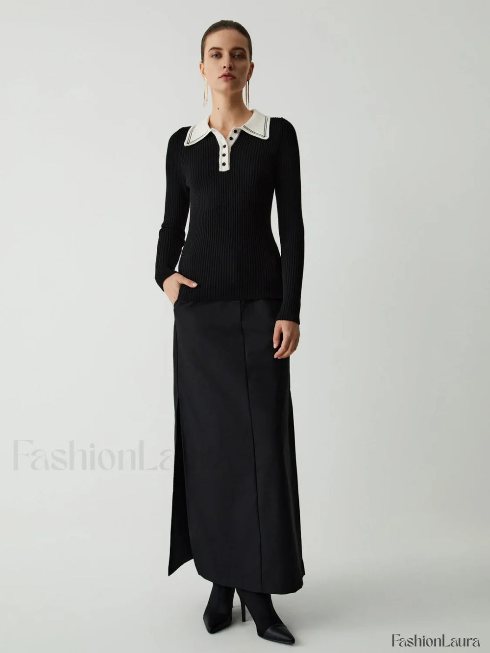 Contrast Collar Quarter Button Modern Long Sleeve Knit Top Sweaters L