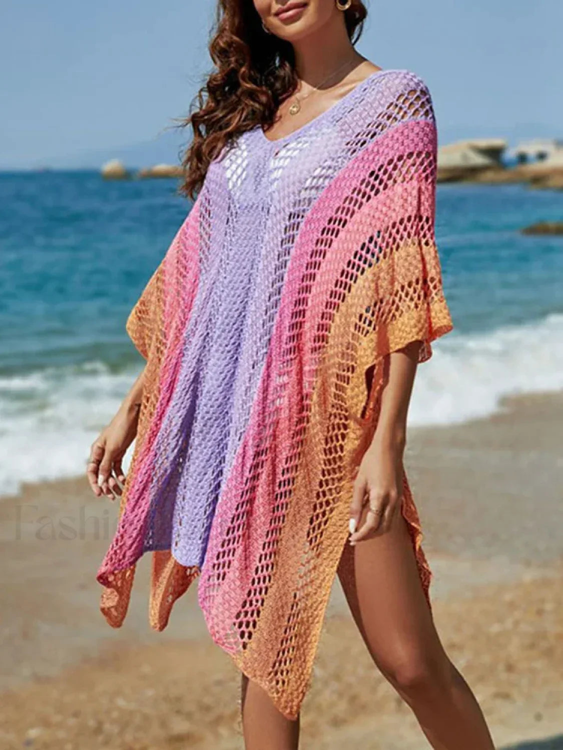 Contrast Color Knitted V Neck Cover Up Lavender / One Size