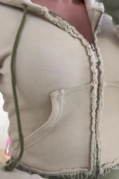 Contrast Color Patchwork Zipper Hoodie