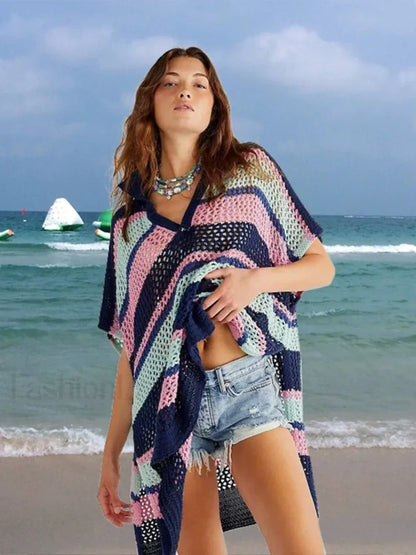 Contrast Color Slit Cut Hollow Cover Up Black And Pink / One Size