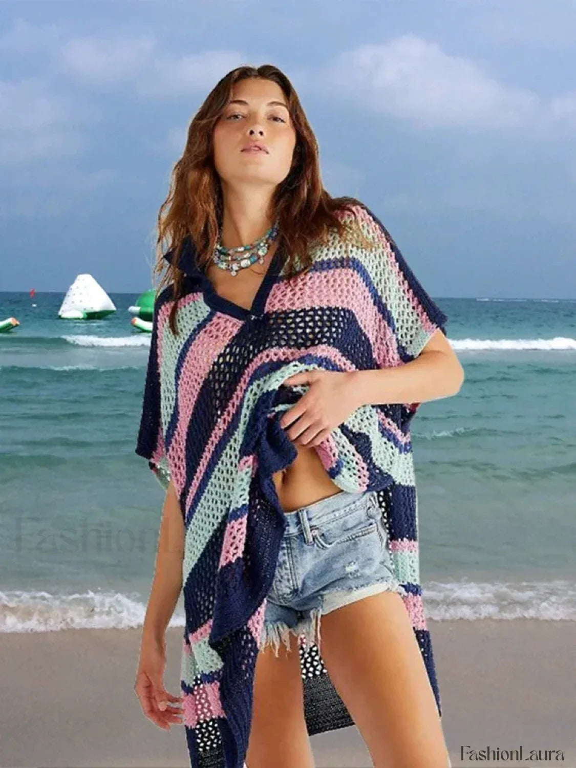 Contrast Color Slit Cut Hollow Cover Up Black And Pink / One Size