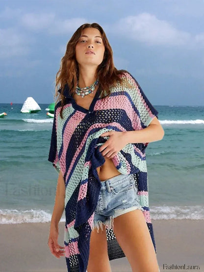 Contrast Color Slit Cut Hollow Cover Up Black And Pink / One Size