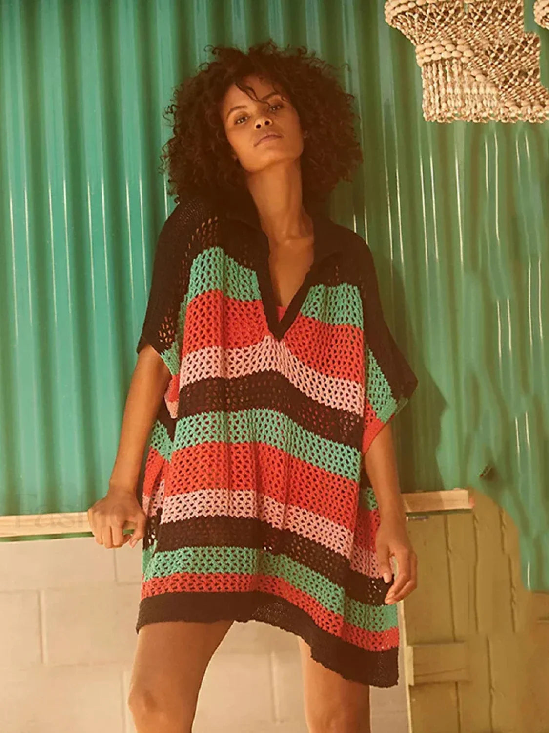 Contrast Color Slit Cut Hollow Cover Up Green And Pink / One Size