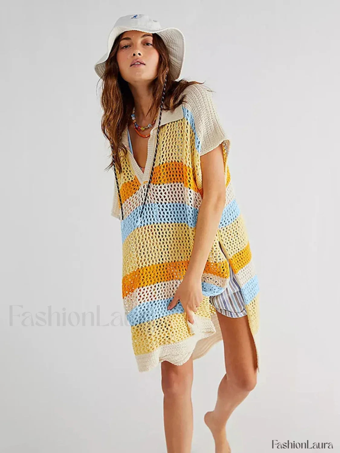Contrast Color Slit Cut Hollow Cover Up YELLOW / One Size
