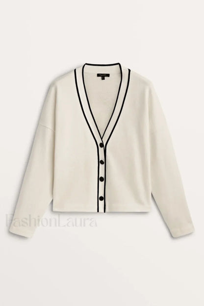 Contrast Knit College Cardigan White / S