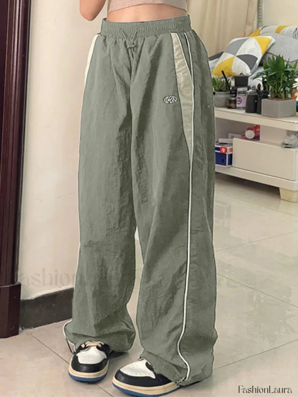 Contrast Piping Black Baggy Sweatpants Wide Leg Pants