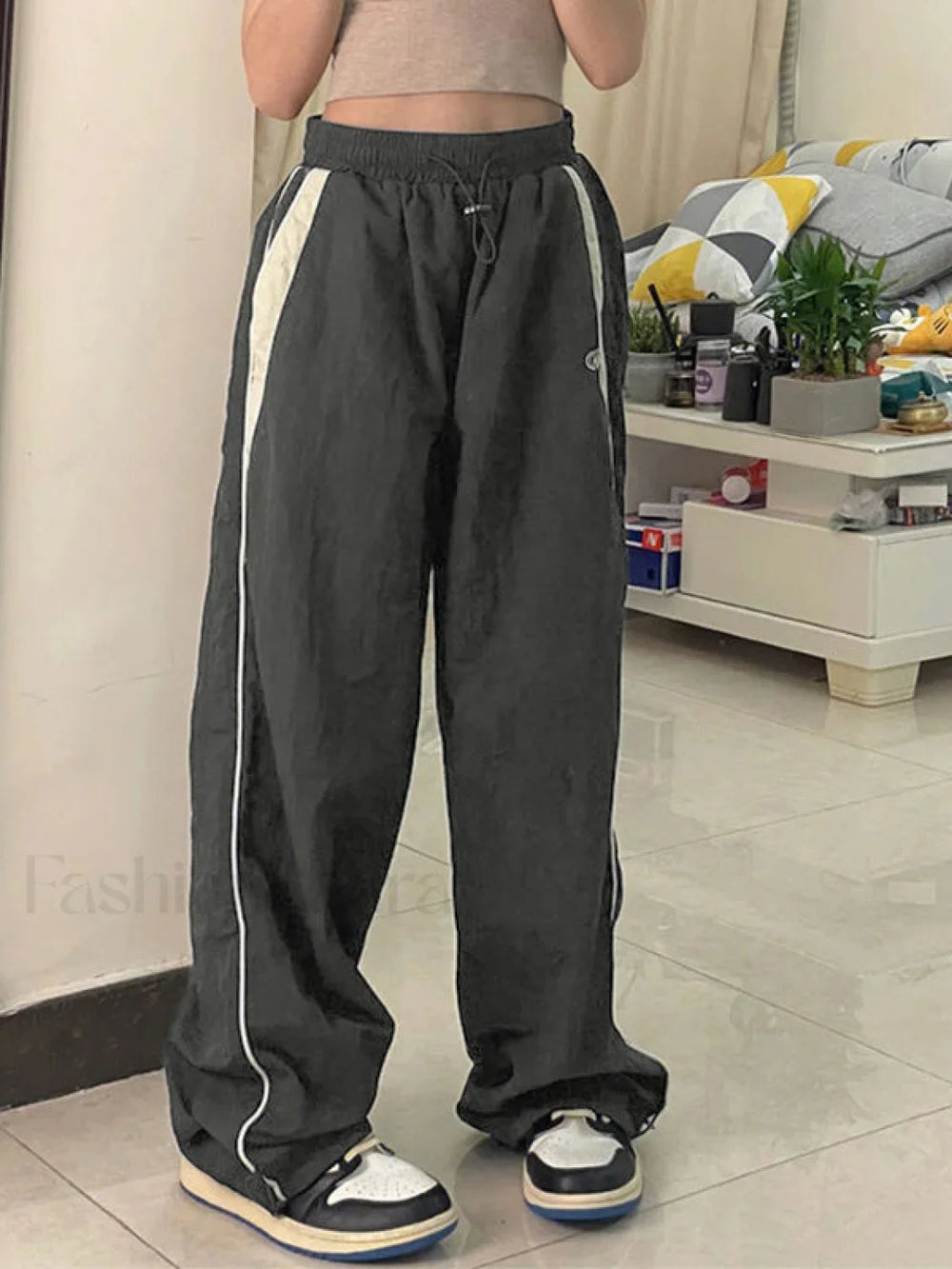 Contrast Piping Black Baggy Sweatpants Wide Leg Pants