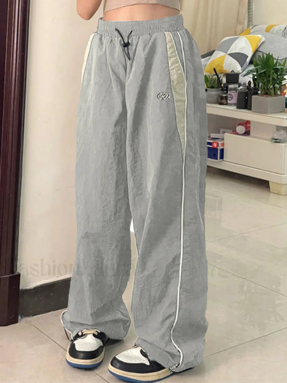 Contrast Piping Black Baggy Sweatpants Wide Leg Pants