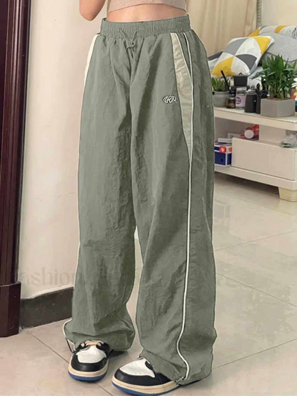 Contrast Piping Black Baggy Sweatpants Wide Leg Pants