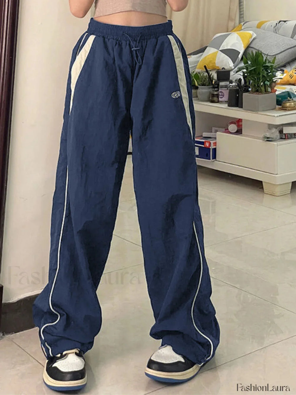 Contrast Piping Black Baggy Sweatpants Wide Leg Pants