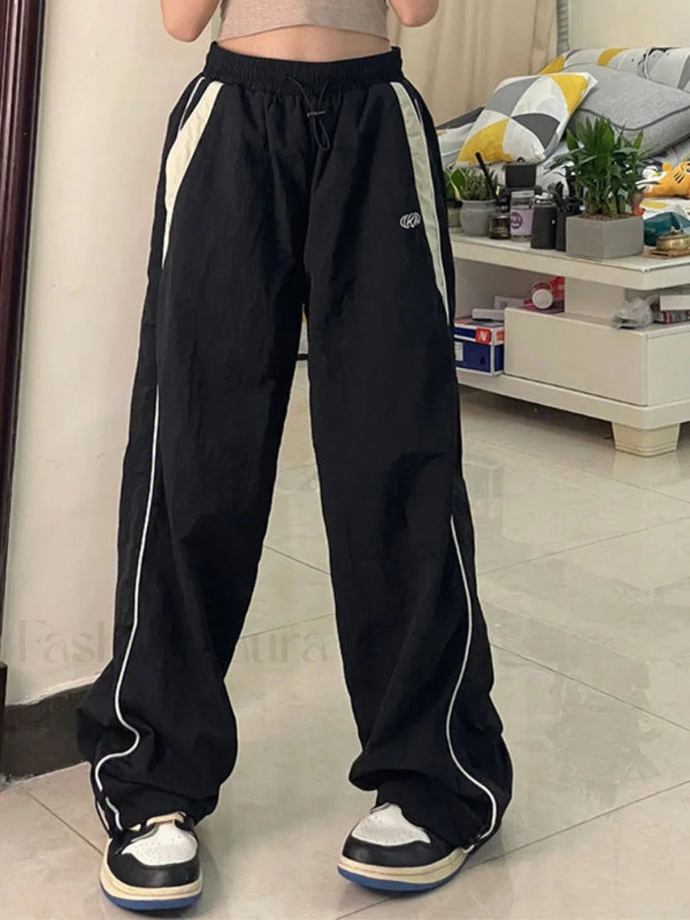 Contrast Piping Black Baggy Sweatpants Wide Leg Pants
