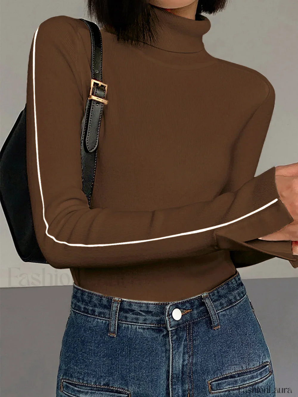 Contrast Piping Turtleneck Sweater Brown / XS Sweaters