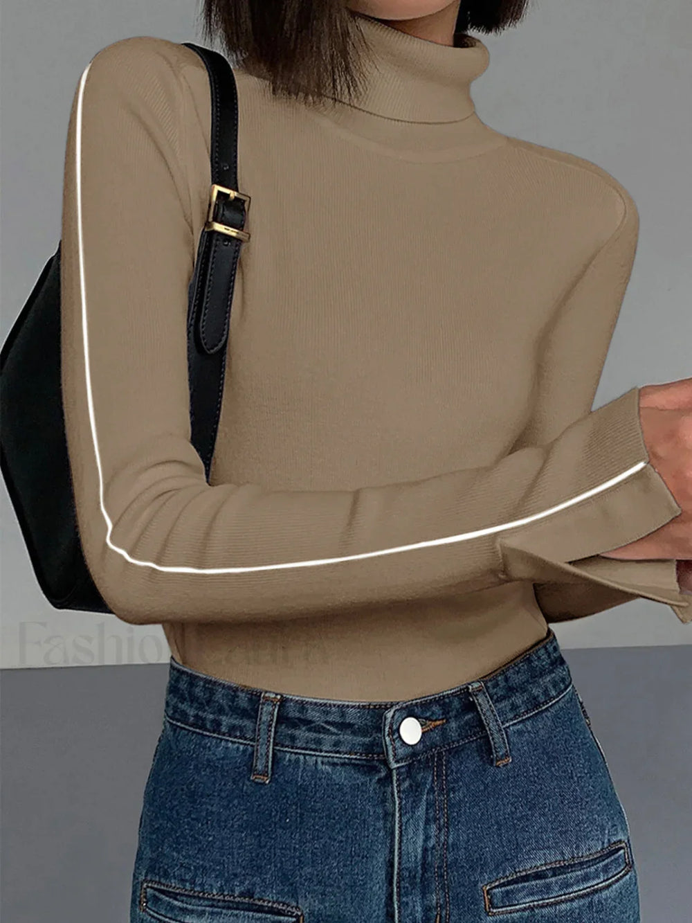 Contrast Piping Turtleneck Sweater Khaki / XS Sweaters